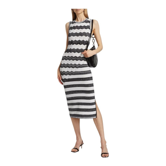 Milly Black and White Asymmetric Zig-zag Knit Midi Dress Size Large - Picture 1 of 14